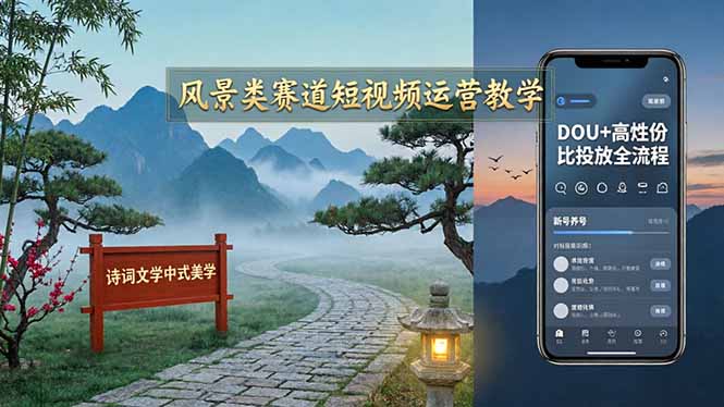 风景类赛道短视频运营教学：诗词文学中式美学，新号养号对标账号定位，DOU+高性价比投放全流程-克用笔记
