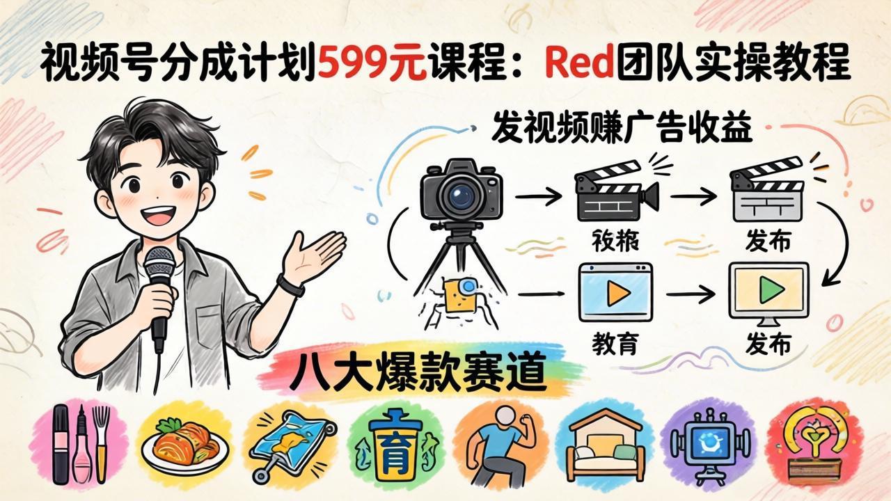 视频号分成计划599元课程：Red团队实操教程，发视频赚广告收益，八大爆款赛道全掌握-克用笔记