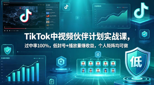 TikTok中视频伙伴计划实战课，过中率100%，低封号+播放量賺收益，个人矩阵均可做-克用笔记
