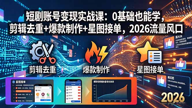 短剧账号变现实战课：0基础也能学，剪辑去重+爆款制作+星图接单，2026流量风口-克用笔记