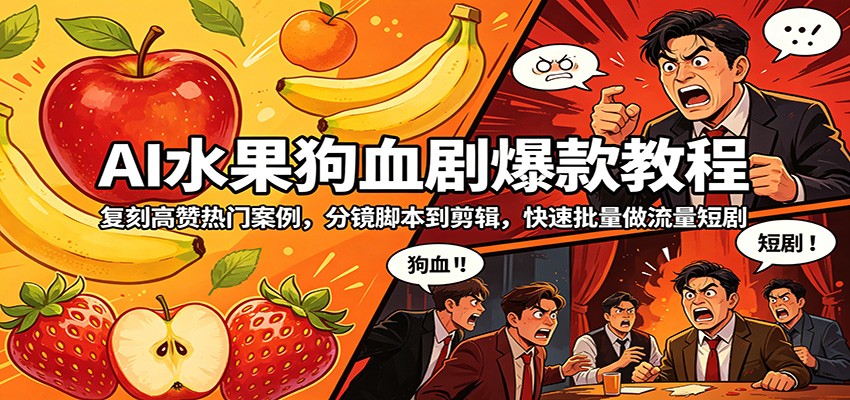 AI水果狗血剧爆款教程：复刻高赞热门案例，分镜脚本到剪辑，快速批量做流量短剧-克用笔记