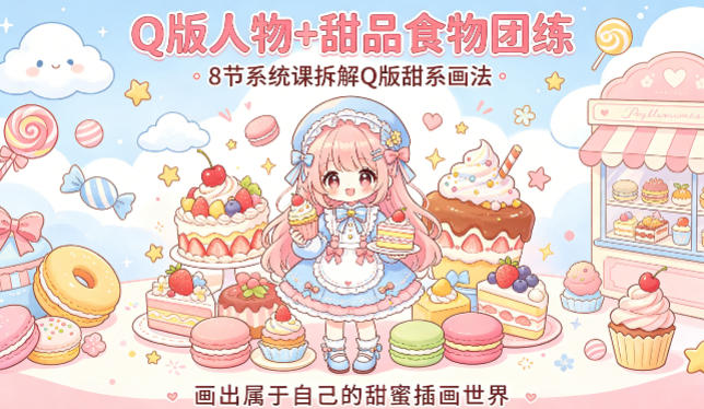 Q版人物+甜品食物团练，8节系统课拆解Q版甜系画法，画出属于自己的甜蜜插画世界-克用笔记