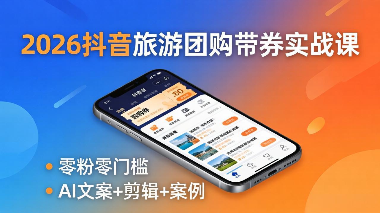 2026抖音旅游团购带券实战课：零粉零门槛，AI文案+剪辑+案例，躺着赚门票佣金-克用笔记