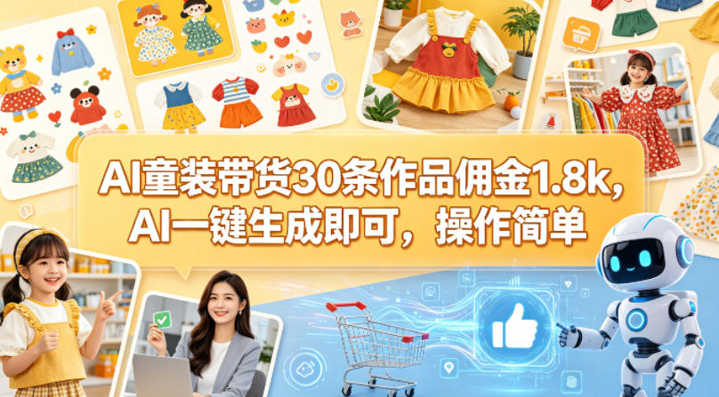 AI童装带货30条作品佣金1.8k，AI一键生成即可，操作简单-克用笔记