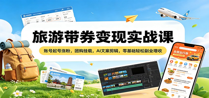 旅游带券变现实战课：账号起号涨粉，团购挂载，AI文案剪辑，零基础轻松副业增收-克用笔记