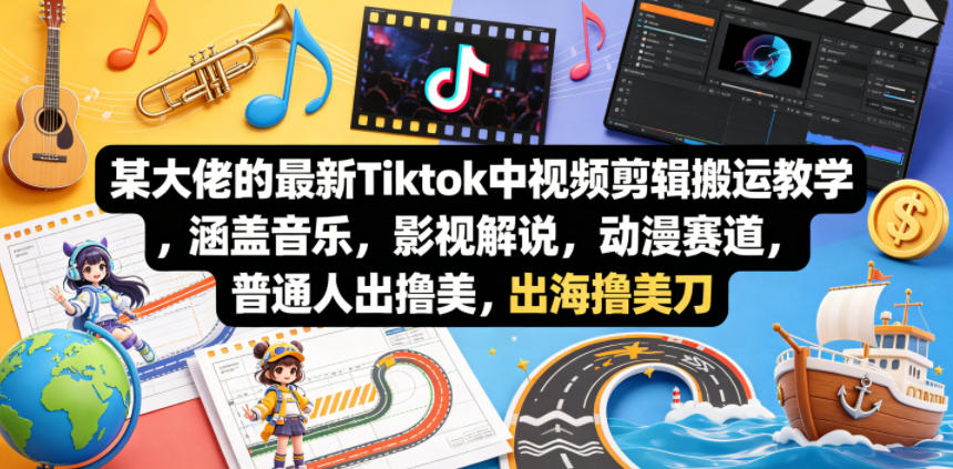 某大佬的最新Tiktok中视频剪辑搬运教学，涵盖音乐，影视解说，动漫赛道，普通人出海撸美刀-克用笔记