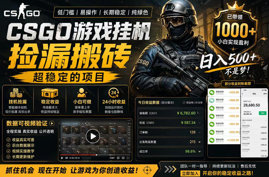 CSGO游戏搬砖，全自动挂G，不需要玩游戏，手机操作日入300+，解放双手【揭秘】-克用笔记