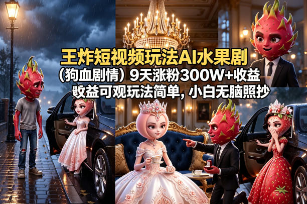 王炸短视频玩法AI水果剧(狗血剧情)9天涨粉300W+收益可观玩法简单，小白无脑照抄，详细拆解玩法-克用笔记