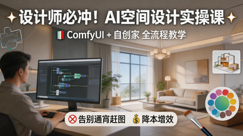 设计师必冲！AI空间设计实操课，ComfyUI+自创家全教学，告别通宵赶图，降本增效-克用笔记