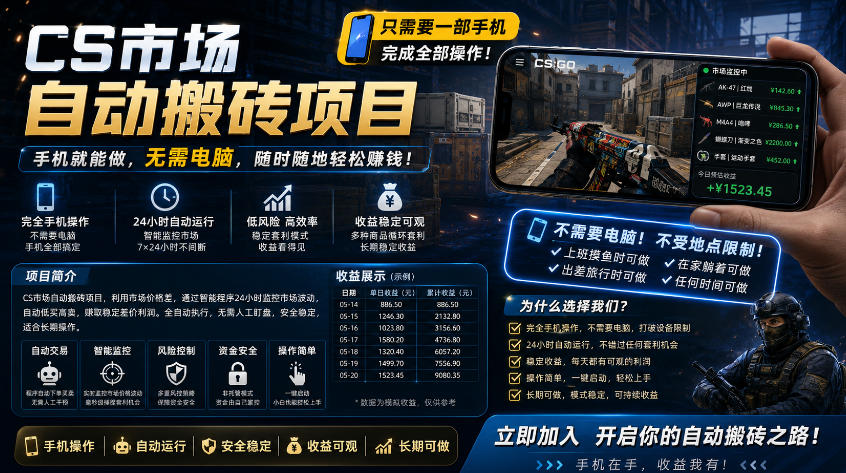 手机即可操作的CS市场自动搬砖系统｜自动监控｜自动下单|日入300+【揭秘】-克用笔记