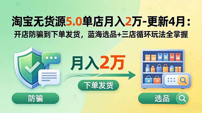 淘宝无货源5.0单店月入2万-更新5月：开店防骗到下单发货，蓝海选品+三店循环玩法全掌握-克用笔记
