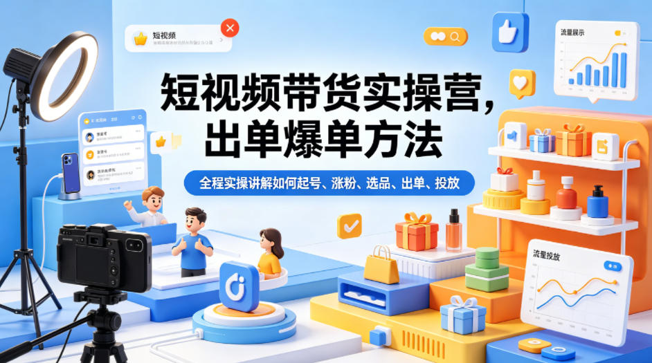 短视频带货实操营，出单爆单方法，全程实操讲解如何起号、涨粉、选品、出单、投放-克用笔记